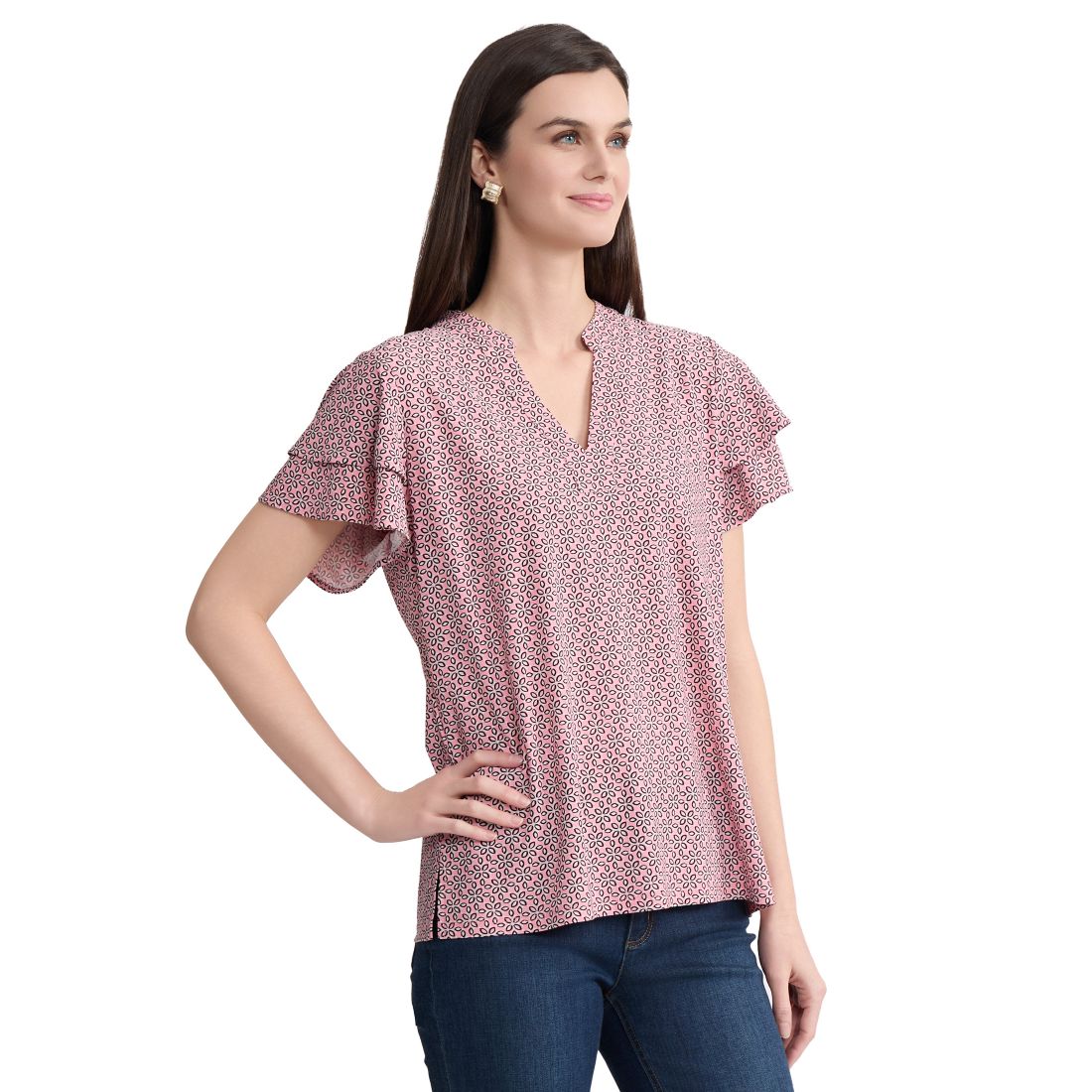 Jones New York Petite Knit Flutter Sleeve Band Collar Top