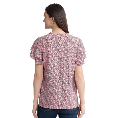 Jones New York Petite Knit Flutter Sleeve Band Collar Top