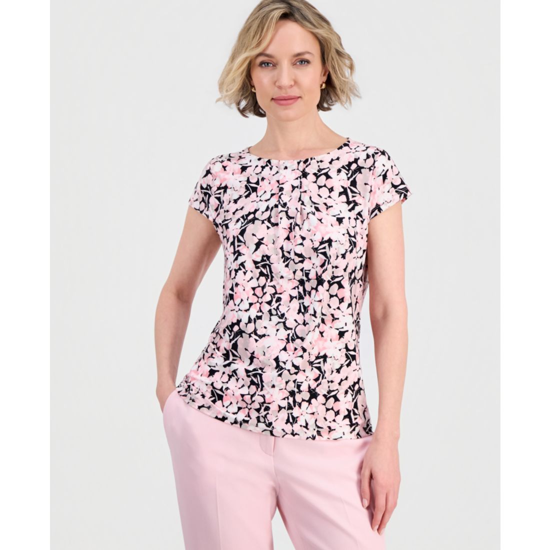 Kasper Women's Floral Pleat-Front Cap-Sleeve Top, Regular and Petites
