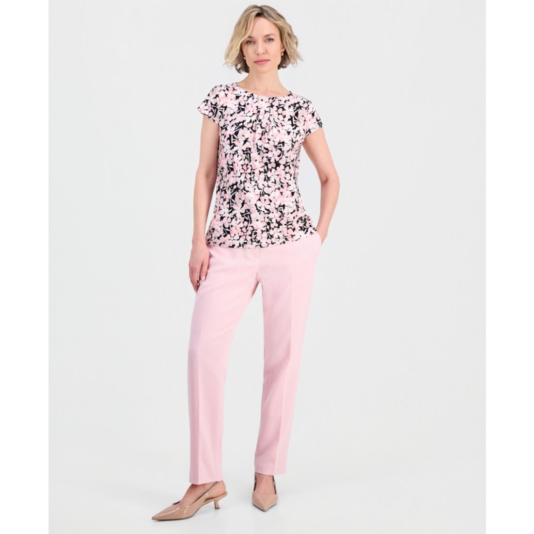 Kasper Women's Floral Pleat-Front Cap-Sleeve Top, Regular and Petites