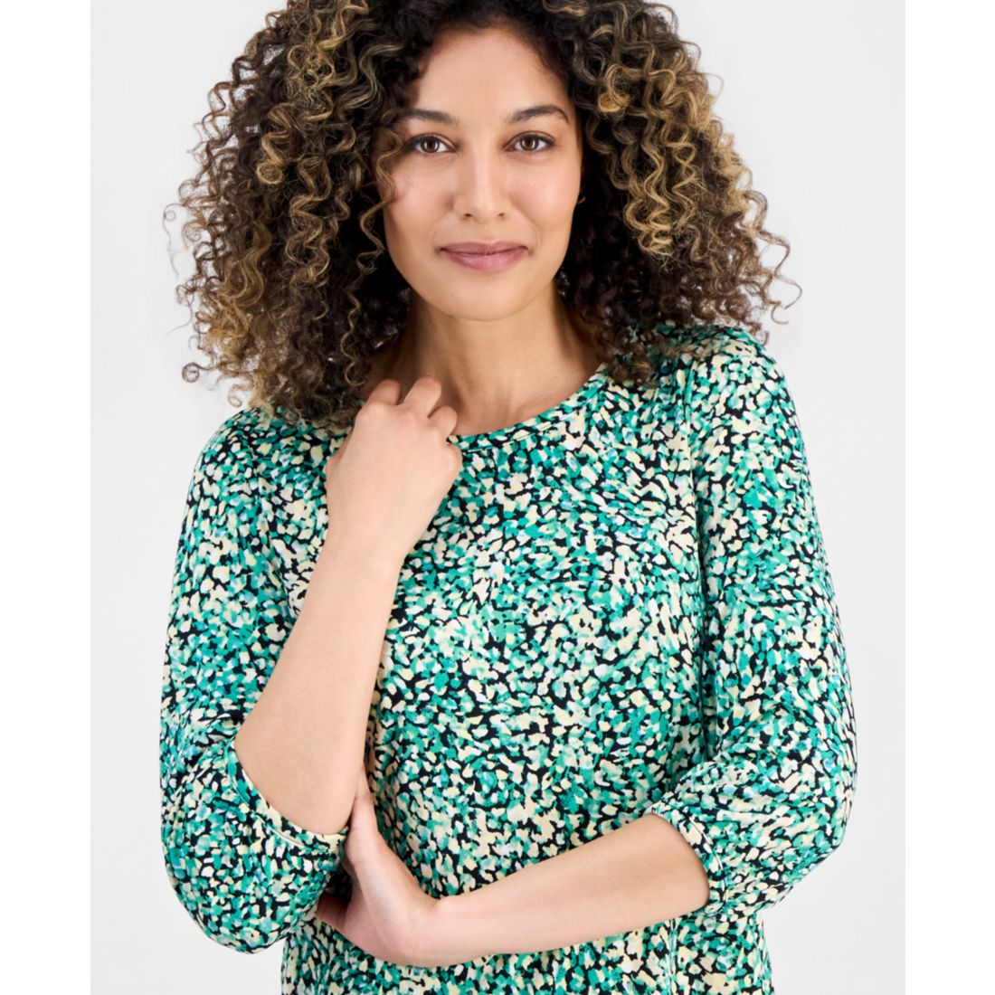 Jones New York Petite Printed Blouson-Sleeve Top