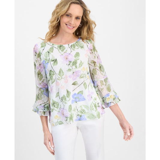 Clip Dot Flroal Print Ruffle Sleeve Blouse