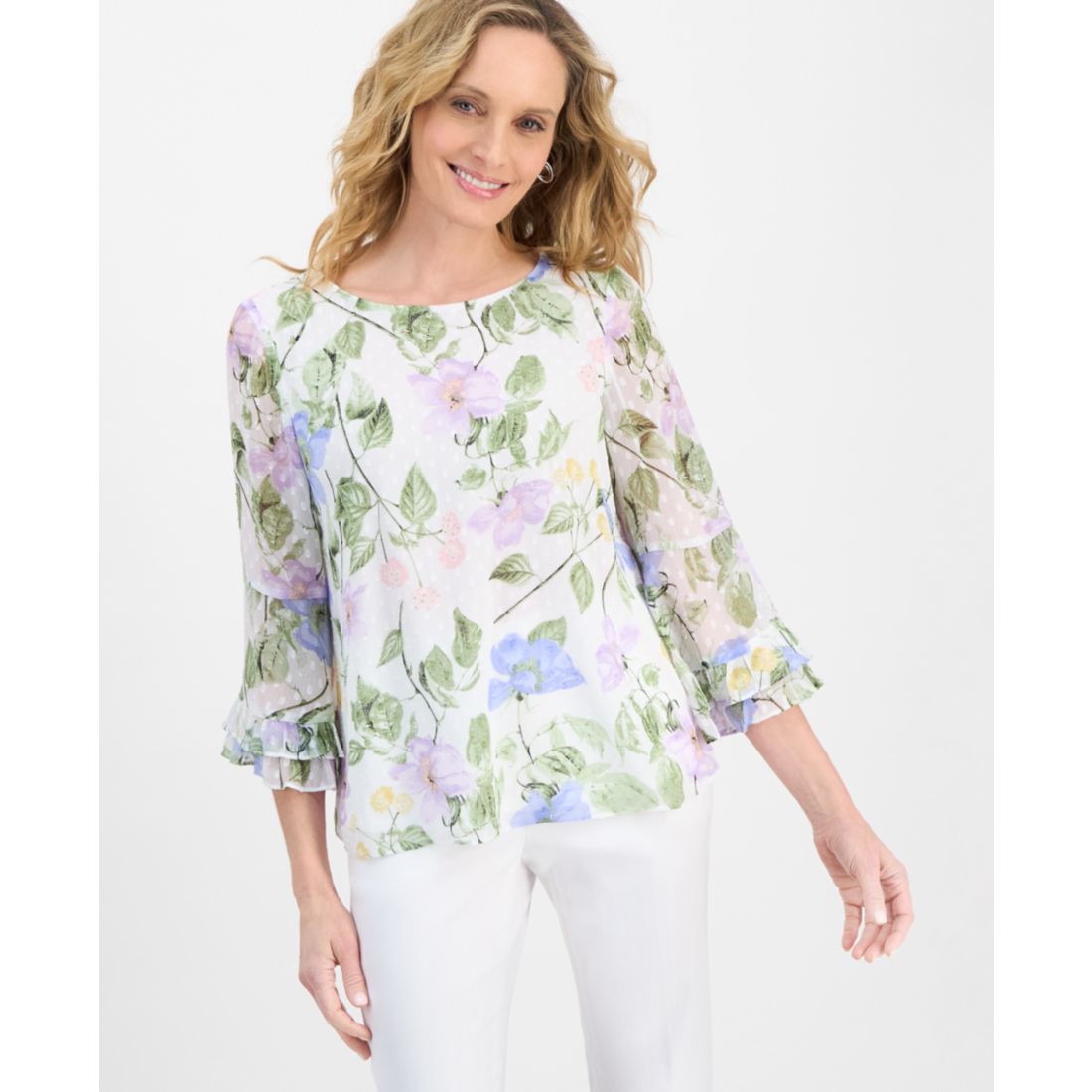 Clip Dot Flroal Print Ruffle Sleeve Blouse