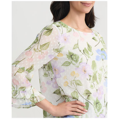 Clip Dot Flroal Print Ruffle Sleeve Blouse