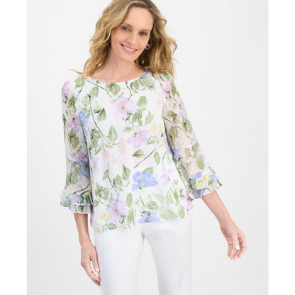 Clip Dot Flroal Print Ruffle Sleeve Blouse