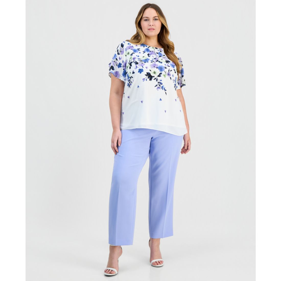 Kasper Plus Size Placed-Floral Tulip-Sleeve Blouse