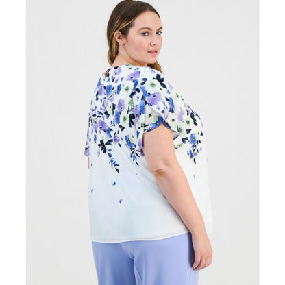Kasper Plus Size Placed-Floral Tulip-Sleeve Blouse