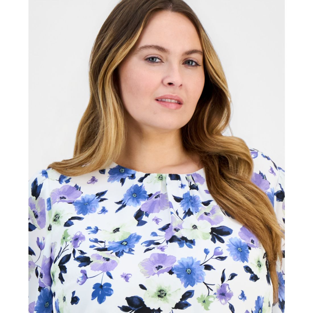 Kasper Plus Size Placed-Floral Tulip-Sleeve Blouse