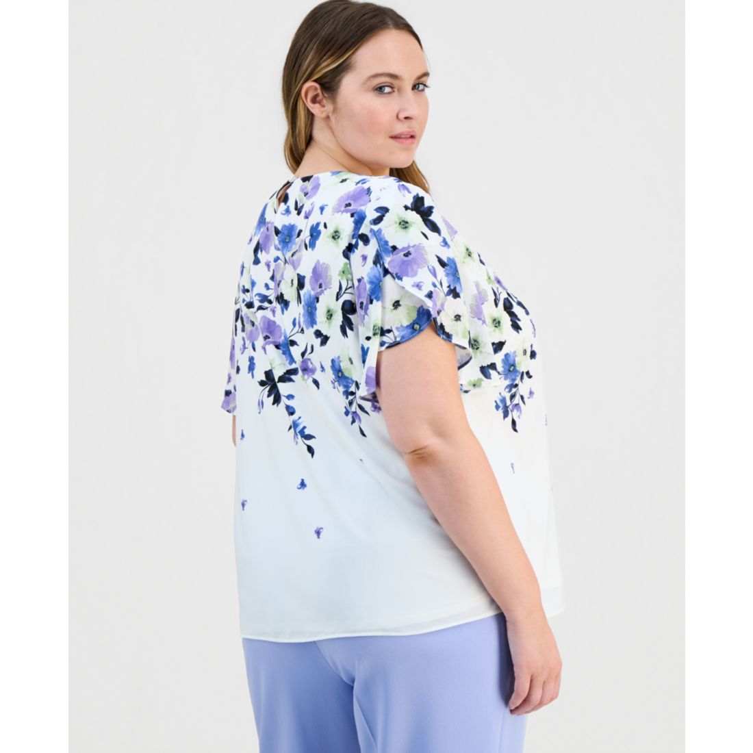 Kasper Plus Size Placed-Floral Tulip-Sleeve Blouse