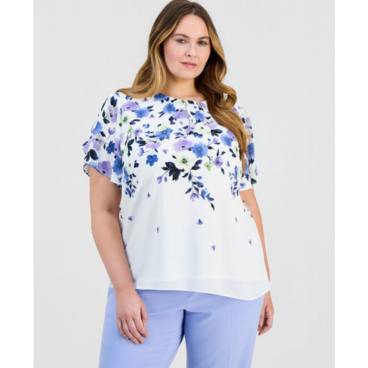 Kasper Plus Size Placed-Floral Tulip-Sleeve Blouse