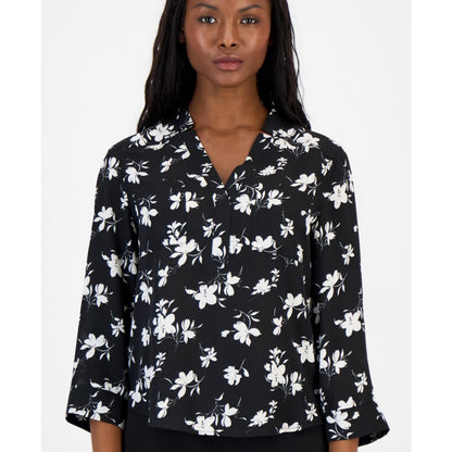 Anne Klein Essentials Petite Printed 3/4-Sleeve V-Neck Top