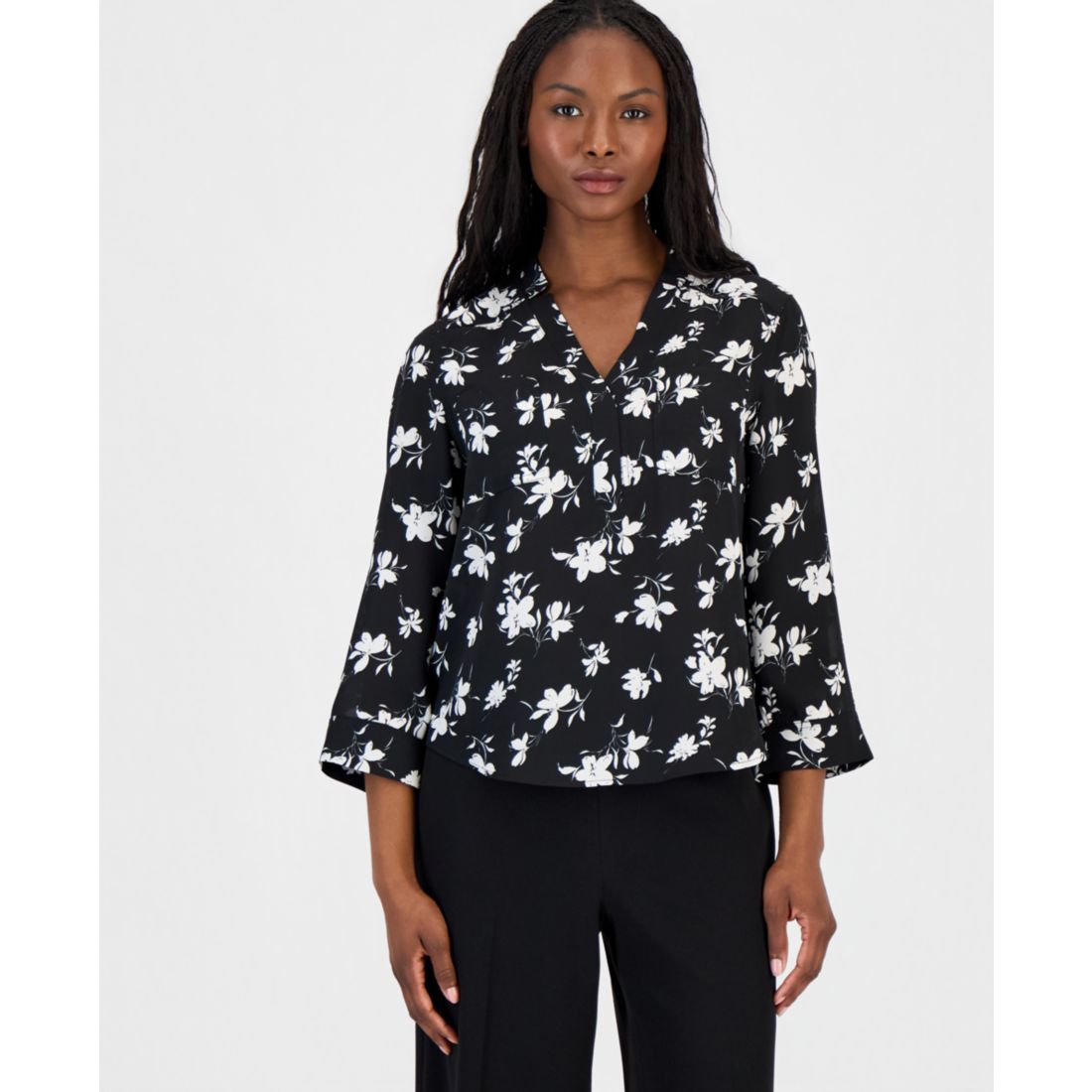 Anne Klein Essentials Petite Printed 3/4-Sleeve V-Neck Top