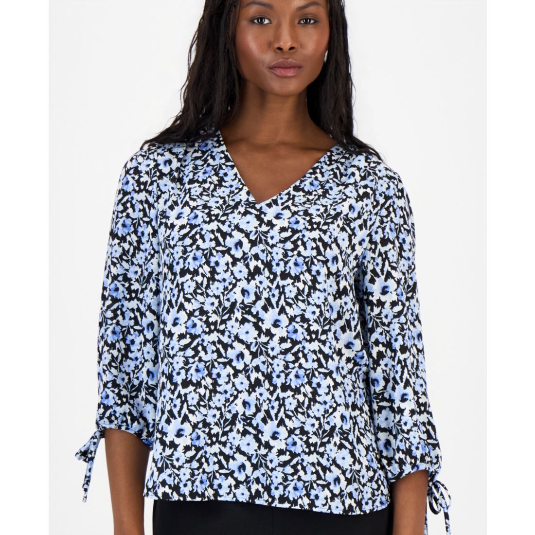 Anne Klein Essentials Petite Printed 3/4-Sleeve V-Neck Top