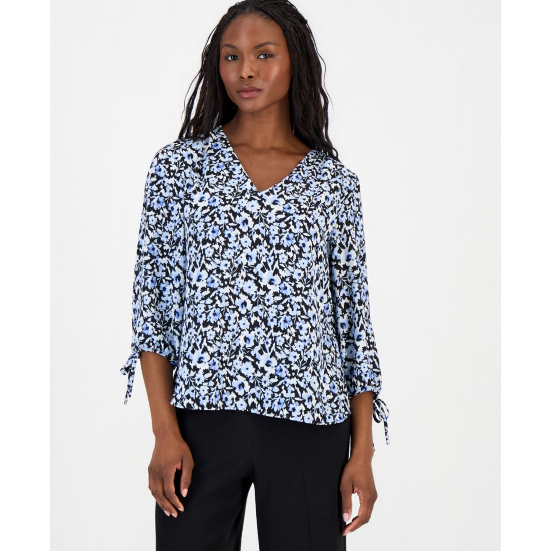 Anne Klein Essentials Petite Printed 3/4-Sleeve V-Neck Top