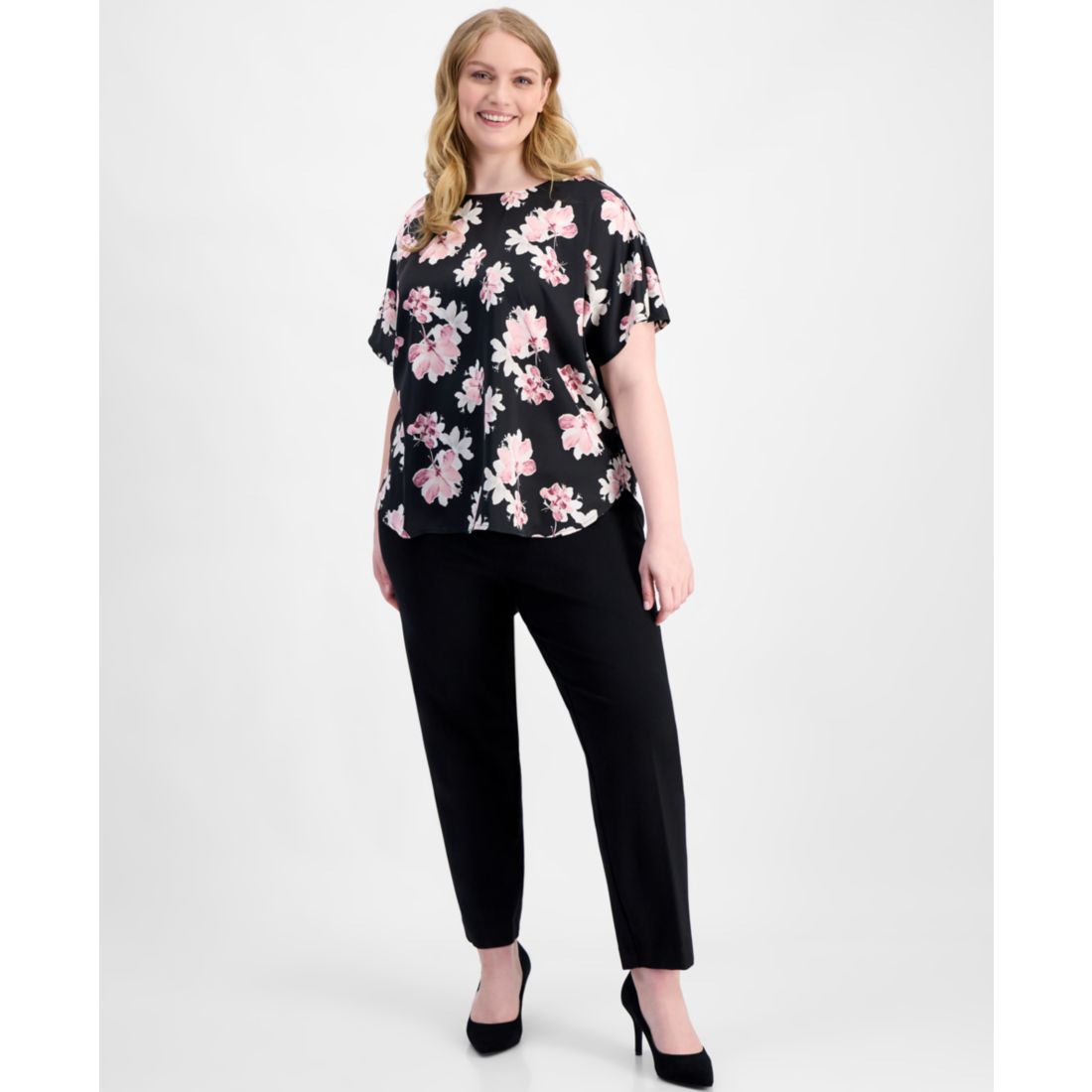 Anne Klein Plus Size Printed Satin Short-Sleeve Top