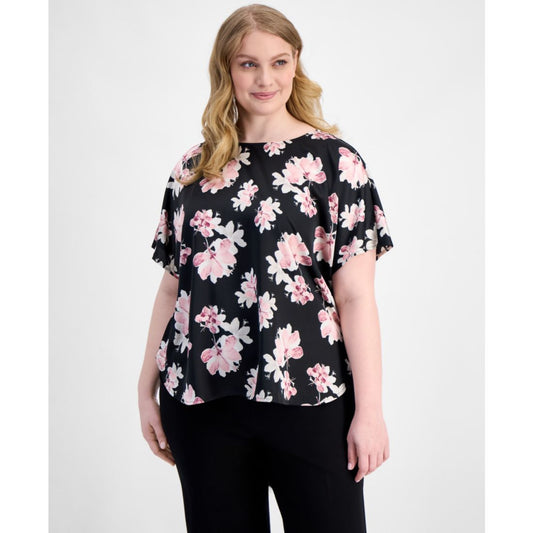 Anne Klein Plus Size Printed Satin Short-Sleeve Top