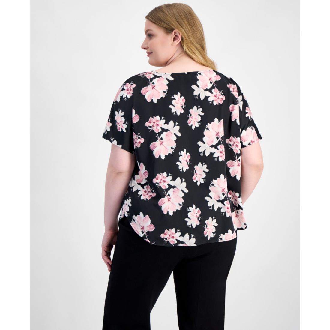 Anne Klein Plus Size Printed Satin Short-Sleeve Top