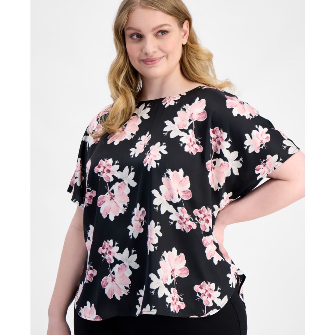 Anne Klein Plus Size Printed Satin Short-Sleeve Top
