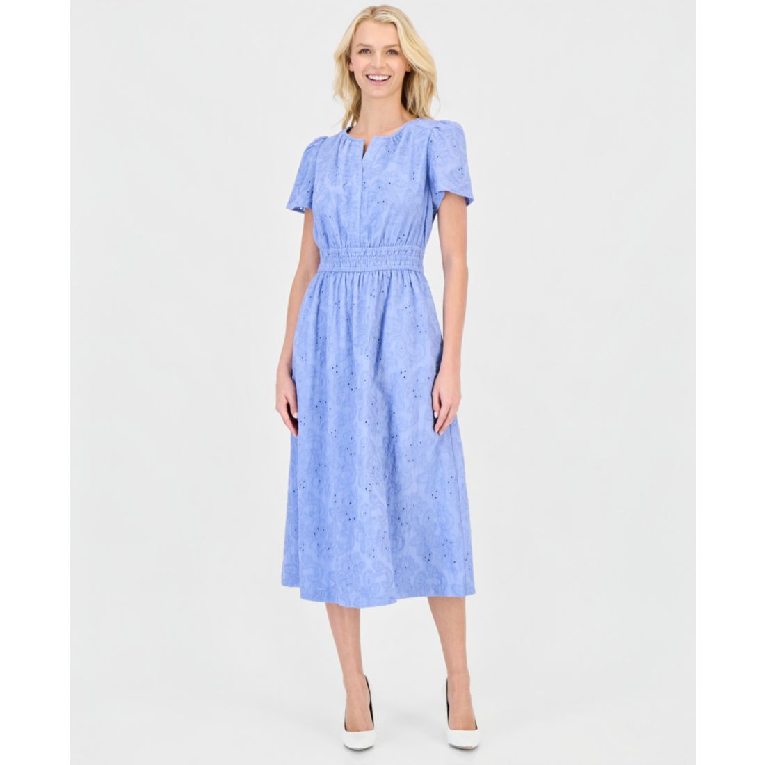 Anne Klein Women's Eyelet Short-Sleeve Midi Dress