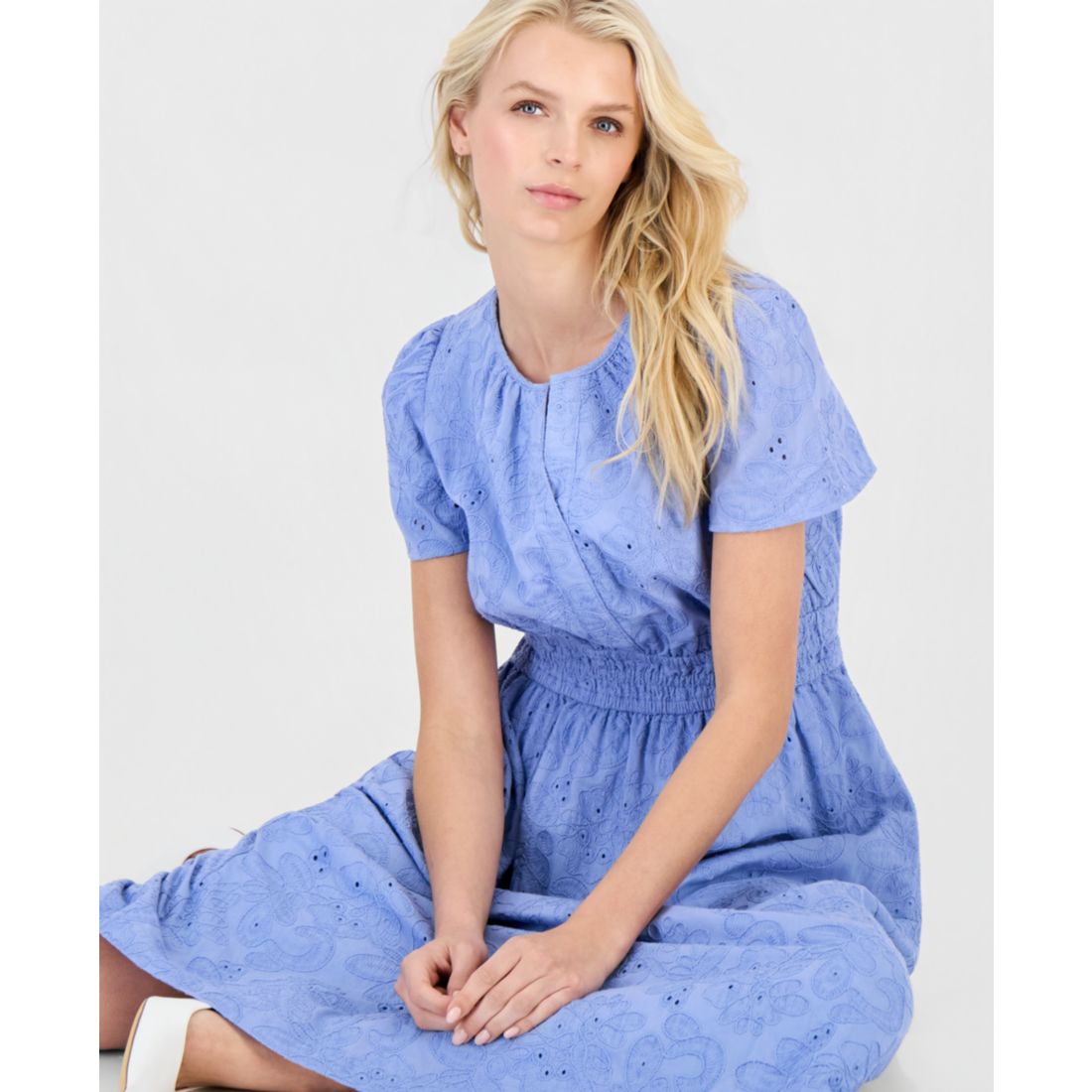 Anne Klein Women's Eyelet Short-Sleeve Midi Dress