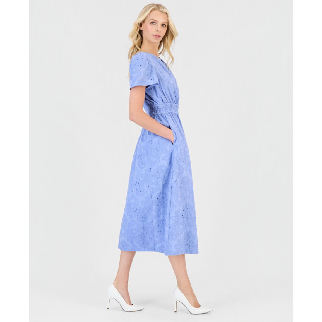 Anne Klein Women's Eyelet Short-Sleeve Midi Dress