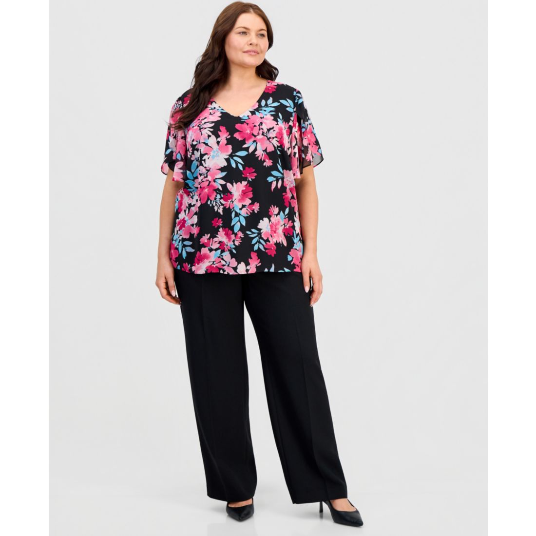 Kasper Plus Size Printed V-Neck Tulip-Sleeve Blouse