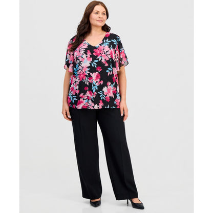 Kasper Plus Size Printed V-Neck Tulip-Sleeve Blouse