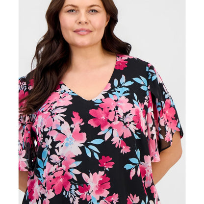 Kasper Plus Size Printed V-Neck Tulip-Sleeve Blouse