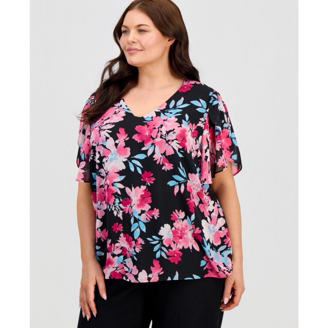Kasper Plus Size Printed V-Neck Tulip-Sleeve Blouse