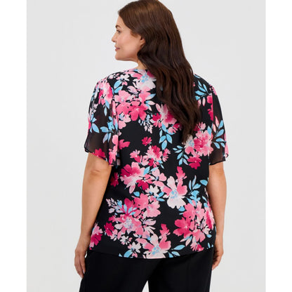 Kasper Plus Size Printed V-Neck Tulip-Sleeve Blouse