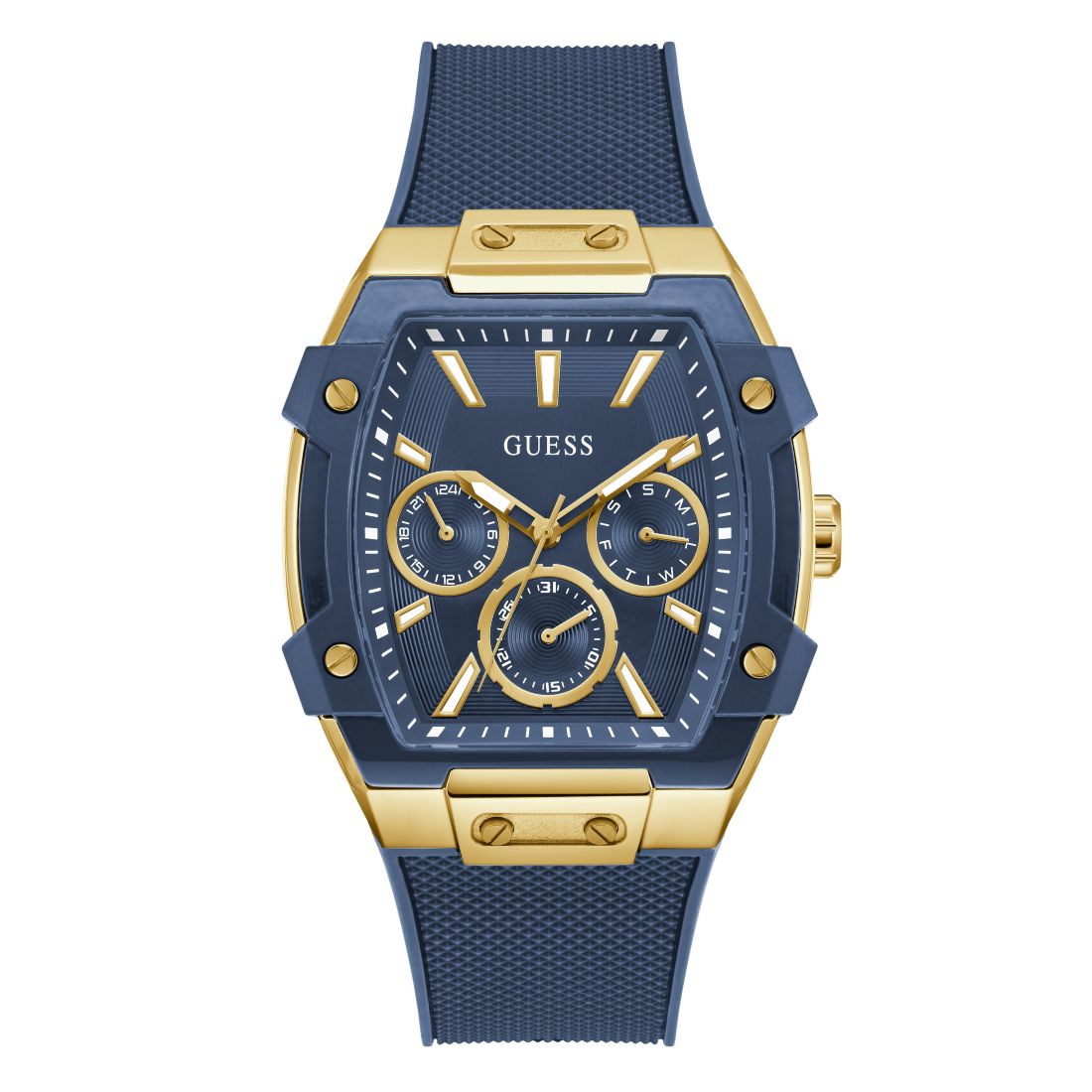 Guess Men's Gold-Tone Indigo Silicone Multi-Function Watch, 44mm