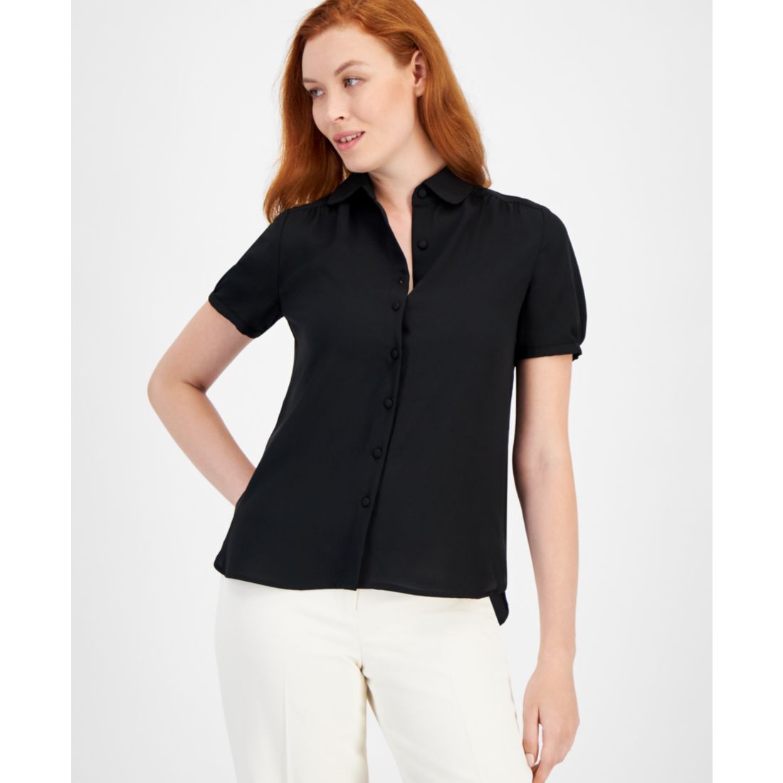 Anne Klein Cap-Sleeve Button-Up Blouse