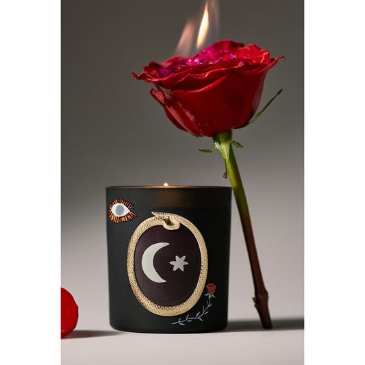 Woody Halloween Moon Leather and Leaves Glass Candle by Anthropologie