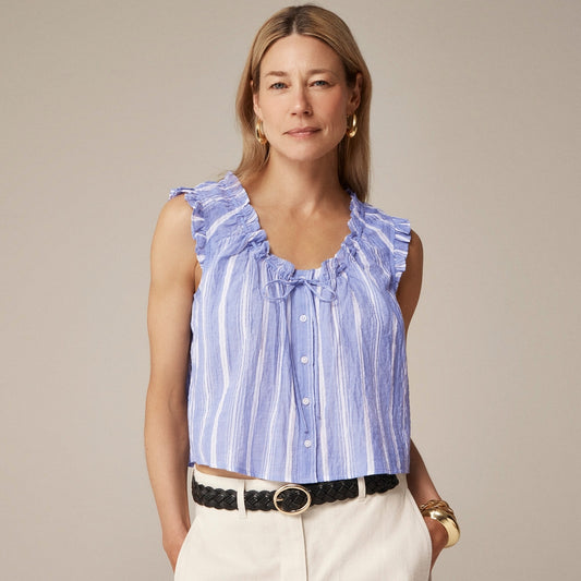 Ruffle-trim button-up top in stripe
