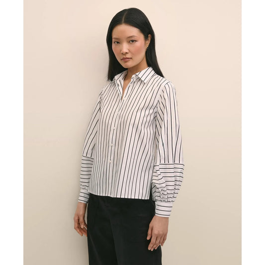 Women's Cotton Poplin Contrast-Stripe Blouson Sleeve Shirt